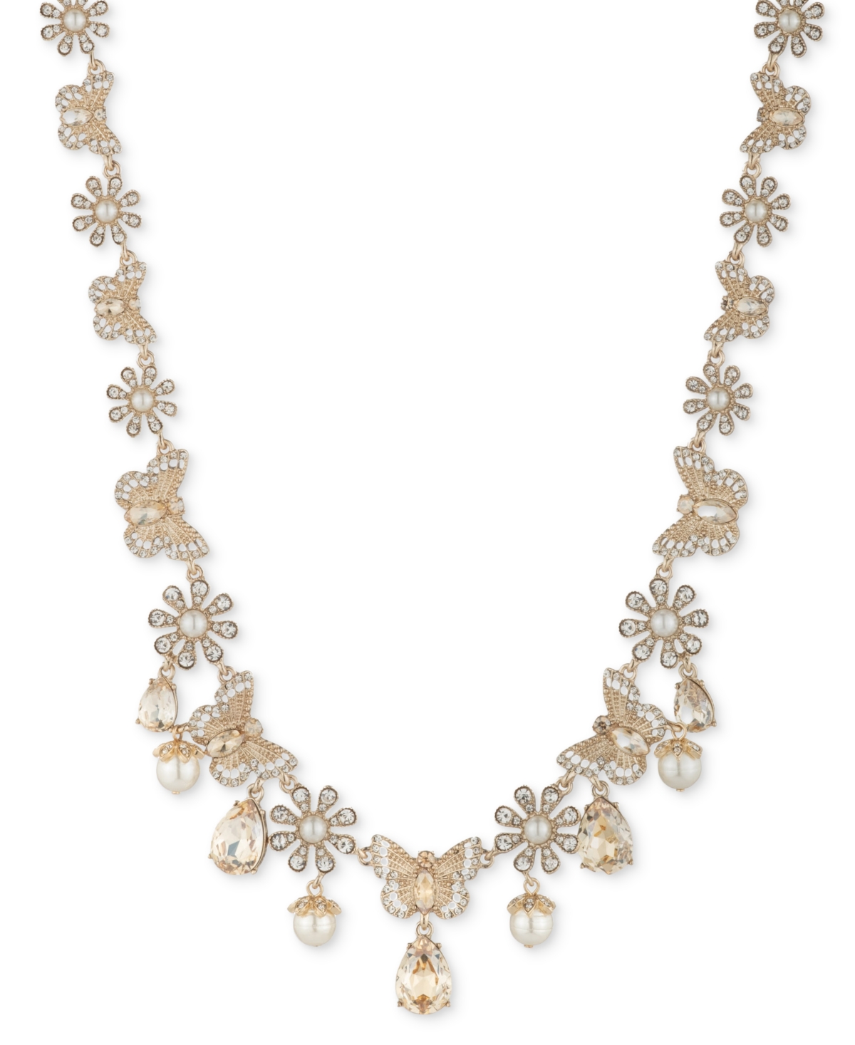 MARCHESA GOLD-TONE CRYSTAL & IMITATION PEARL BUTTERFLY ALL-AROUND STATEMENT NECKLACE, 16" + 3" EXTENDER 