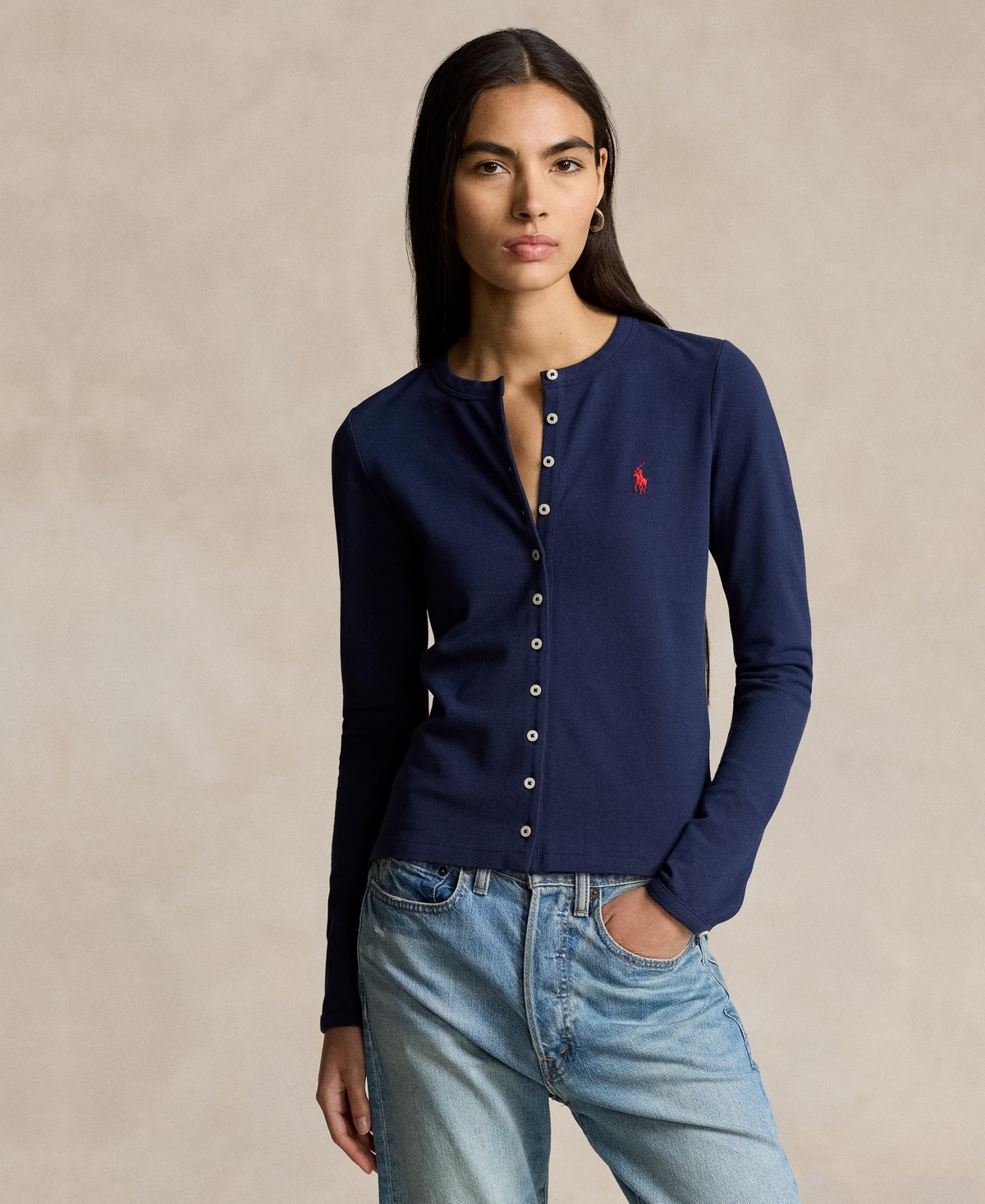 Polo Ralph Lauren Womens Newport Navy Brand-embroidery Long-sleeve Cotton-jersey Polo Shirt In Newport Navy