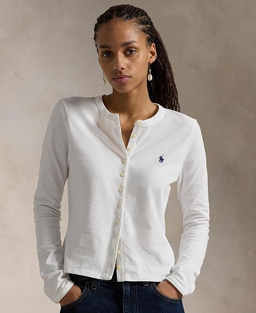 alfani Polo Ralph Lauren Women's Stretch Mesh Cotton Crewneck Cardigan Top Women's Fashion Shoes & Accessories