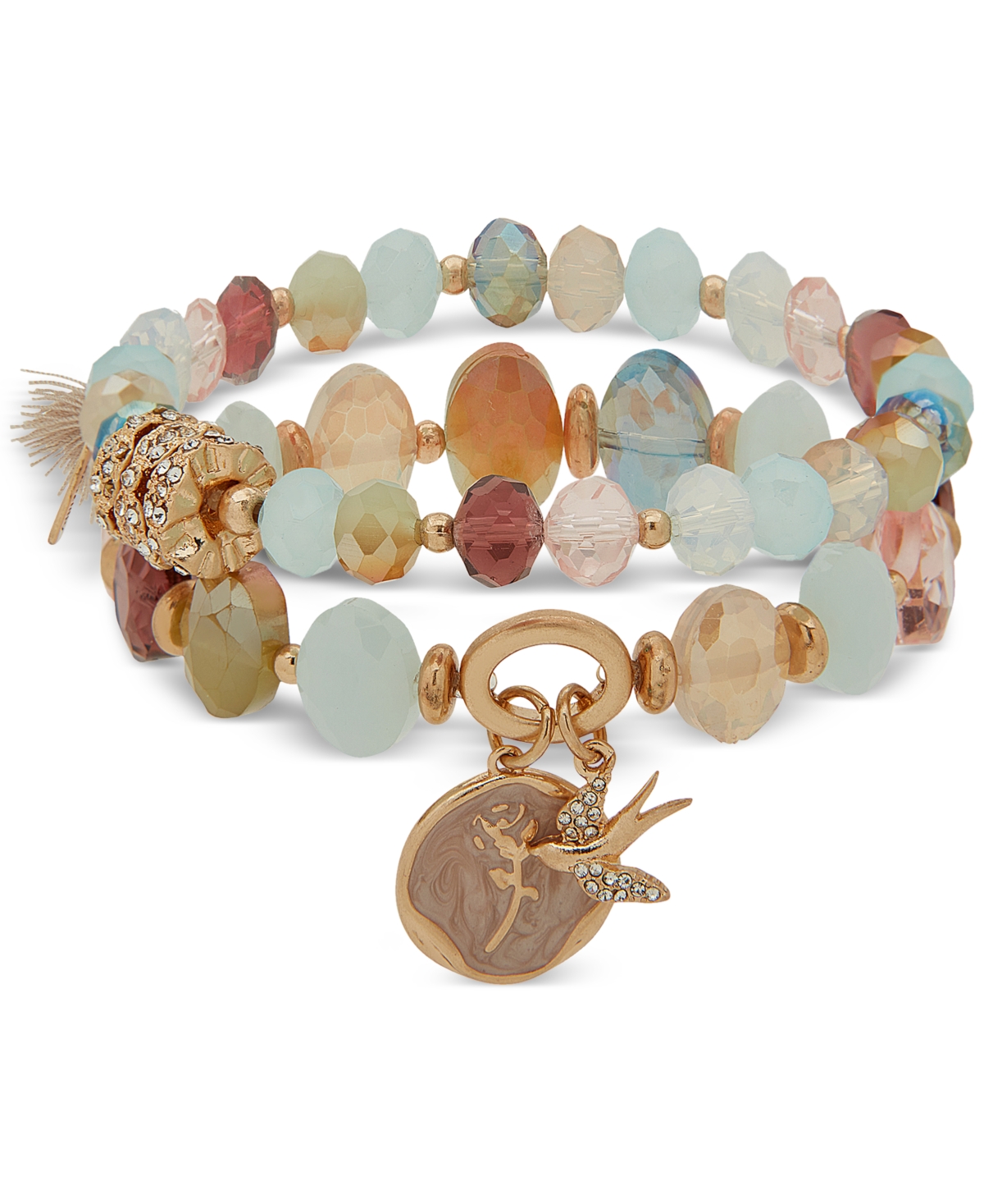 LONNA & LILLY GOLD-TONE 2-PC. SET PAVE & STONE BEADED STRETCH BRACELETS 