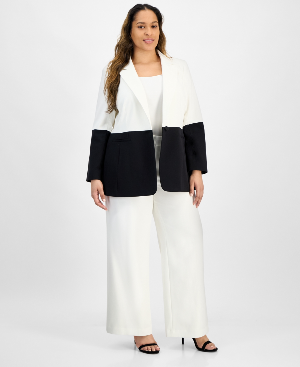 Tahari Asl Plus Size Colorblocked Button Blazer In White,black