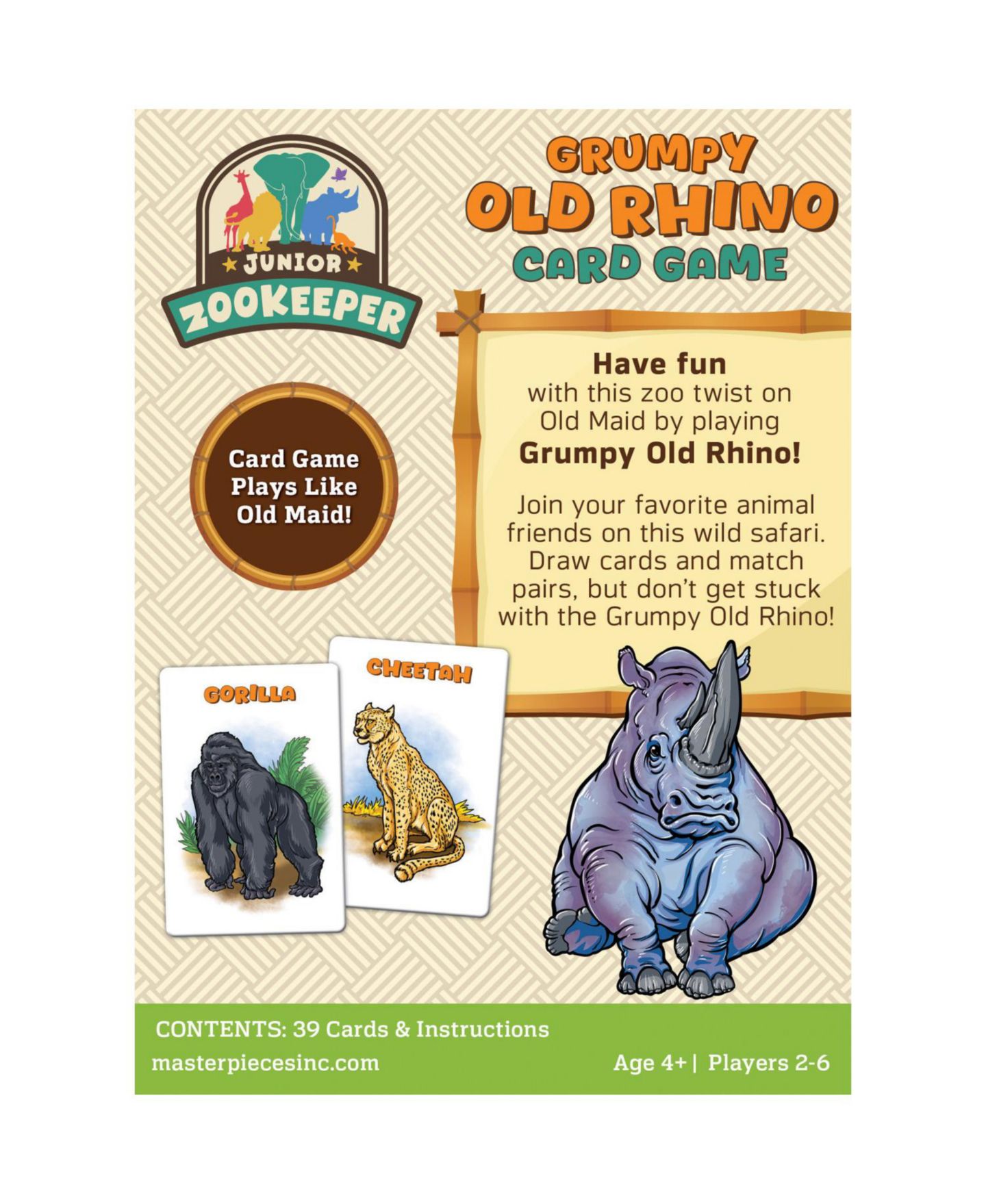 Детская карточная игра MasterPieces Puzzles Jr. Zookeeper Grumpy Old Rhino Card Game, 39 Cards, от 4 лет — фото 2