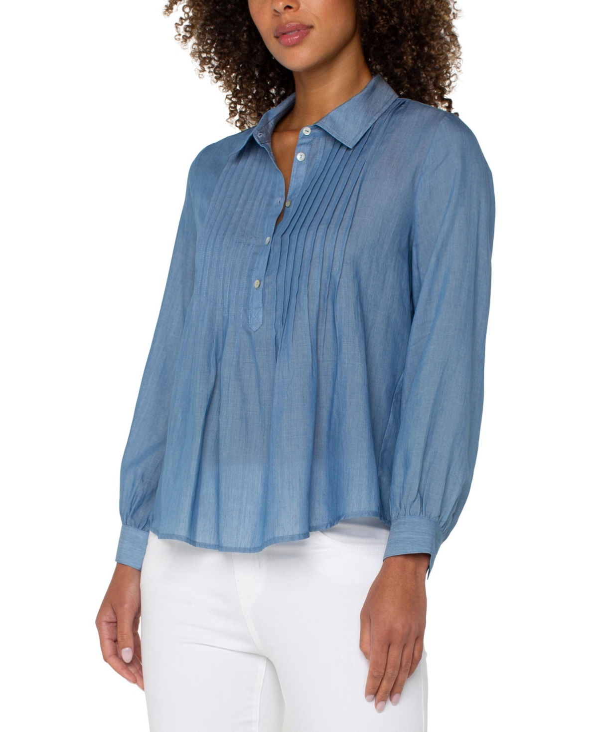 Liverpool Los Angeles Petite Long-sleeve Popover Woven Blouse In Bridgeton Light