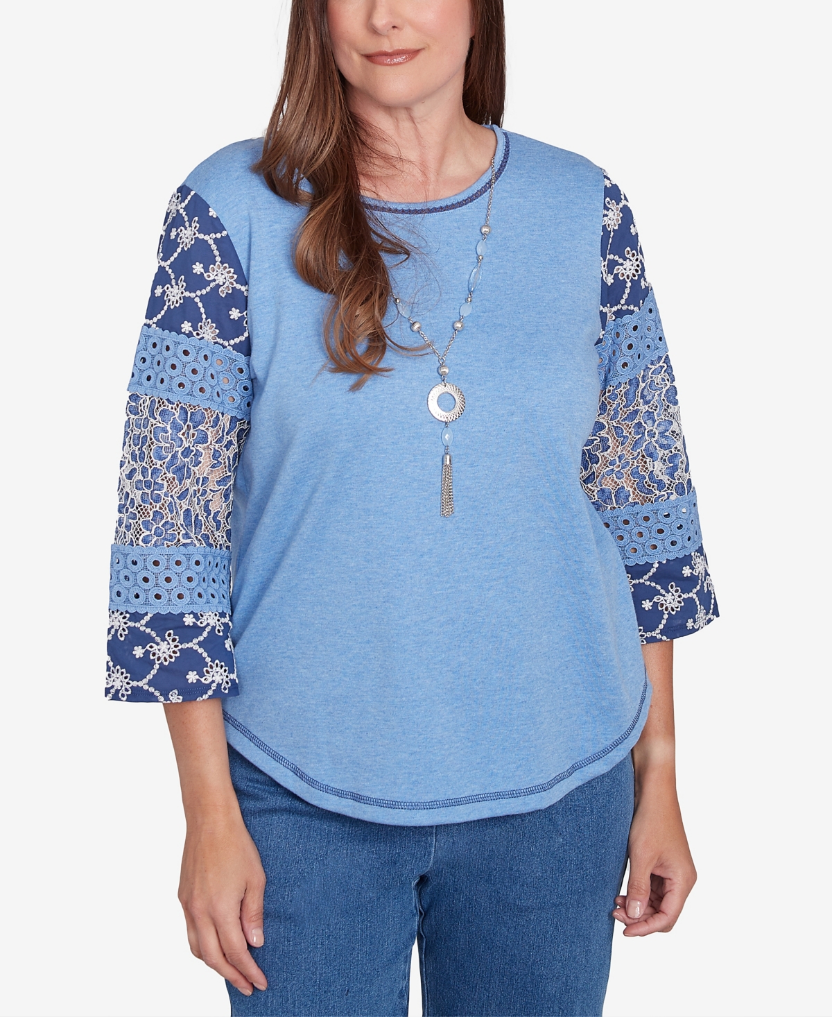 Women's Free Spirit Patchwork Sleeve Knit Top with Necklace - Blue