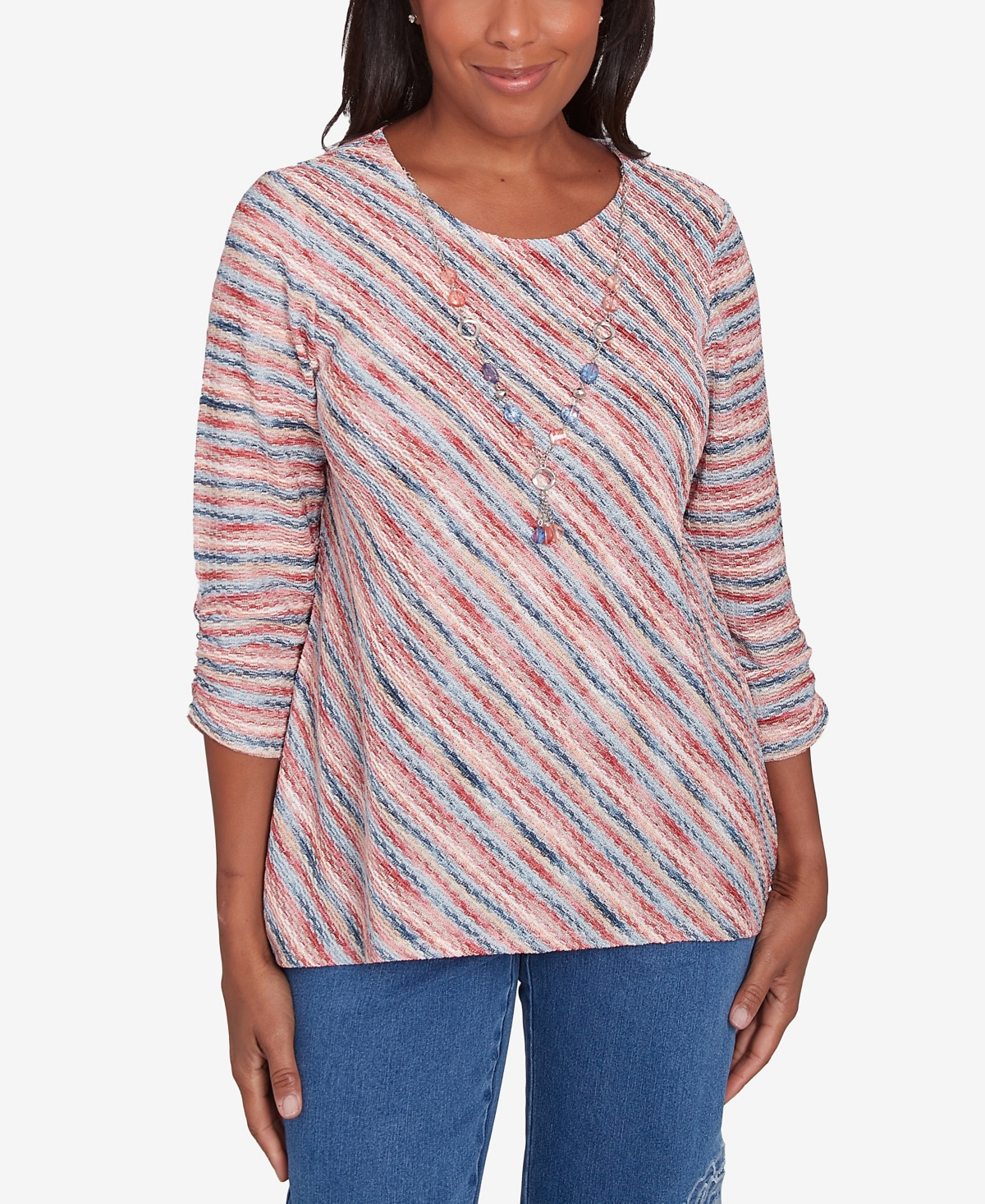 Women's Free Spirit Diagonal Space Dye Top with Necklace - Coral
