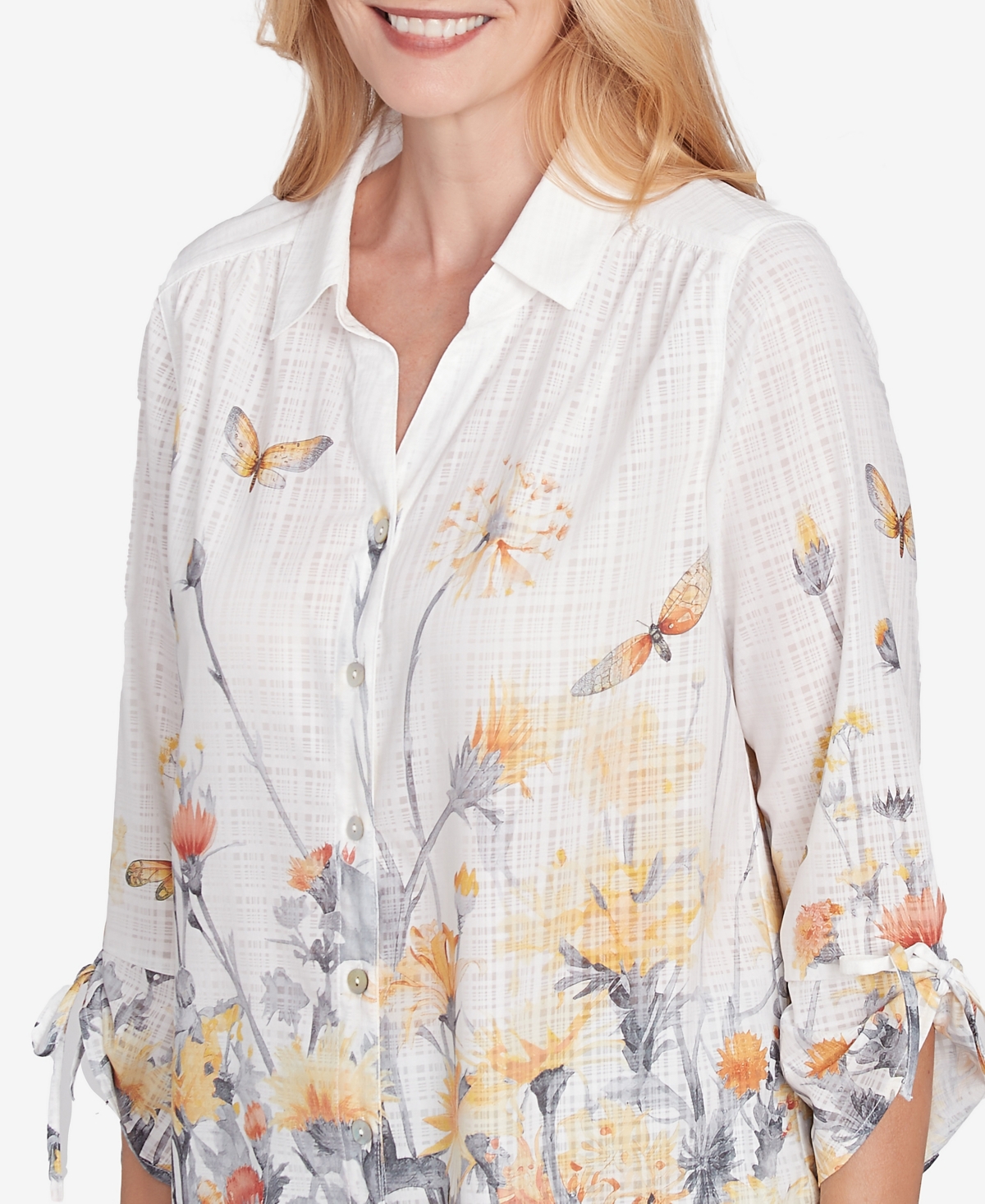 Alfred Dunner Petite Dress Code Button Down Butterfly Floral Top With Necklace In Multi White
