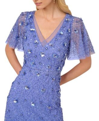 knee length dresses for ladies 3D Floral Sleeveless Tiered Slit Gown by GLS Gloria GL3358 Smoky Blue / M