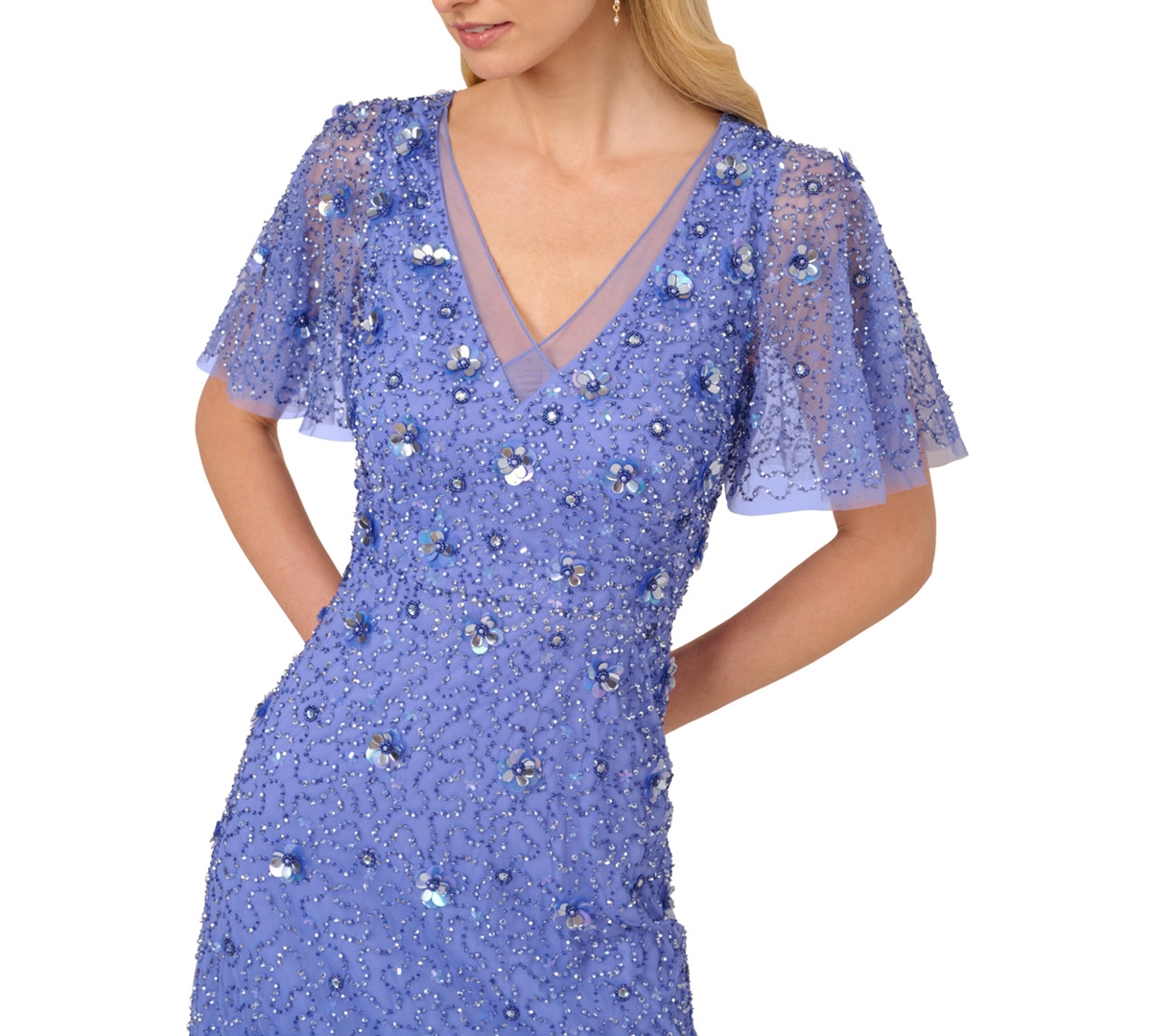 Shop Adrianna Papell Women's Bead Mesh Flutter-sleeve Dress In Peri Blue