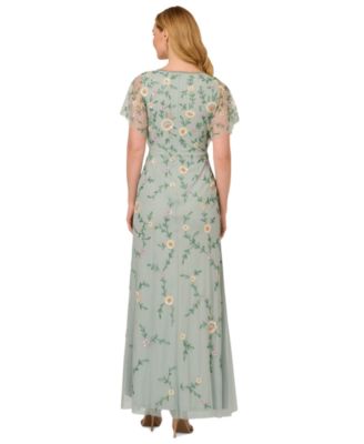 Women's Bead Flutter-Sleeve Midi Mesh Dress