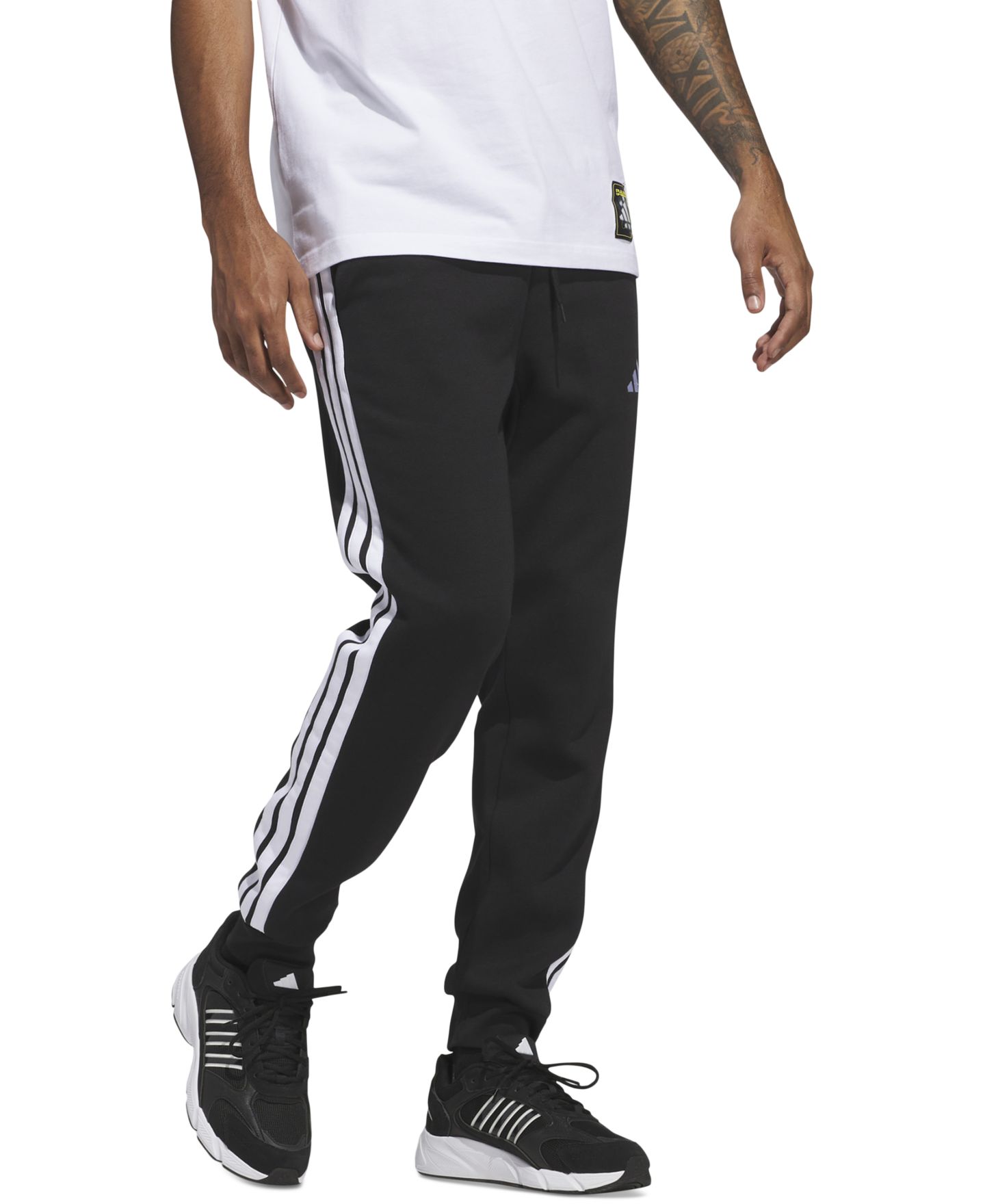 Мужские брюки adidas Essentials Regular-Fit 3-Stripes Fleece, цвет: Чёрный / Белый — фото 2