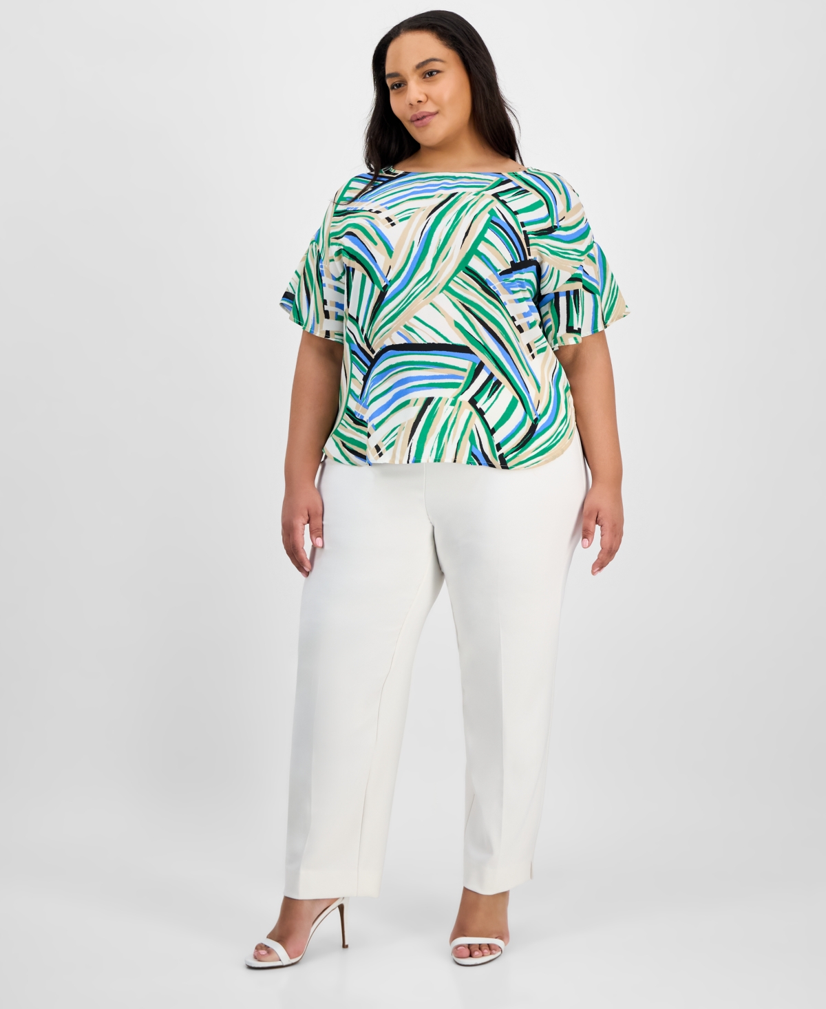 Anne Klein Plus Size Printed Flutter-sleeve Blouse
