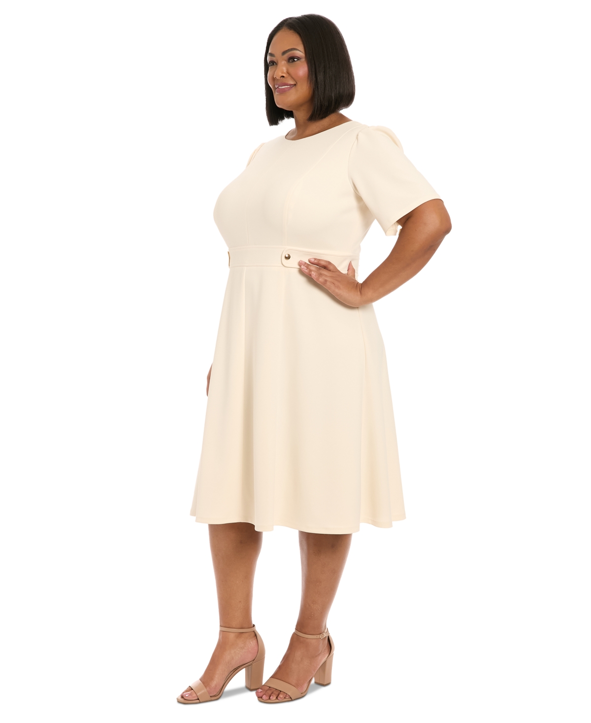 London Times Plus Size Crewneck Button-tab Short-sleeve Midi Dress In Sugar Ivory
