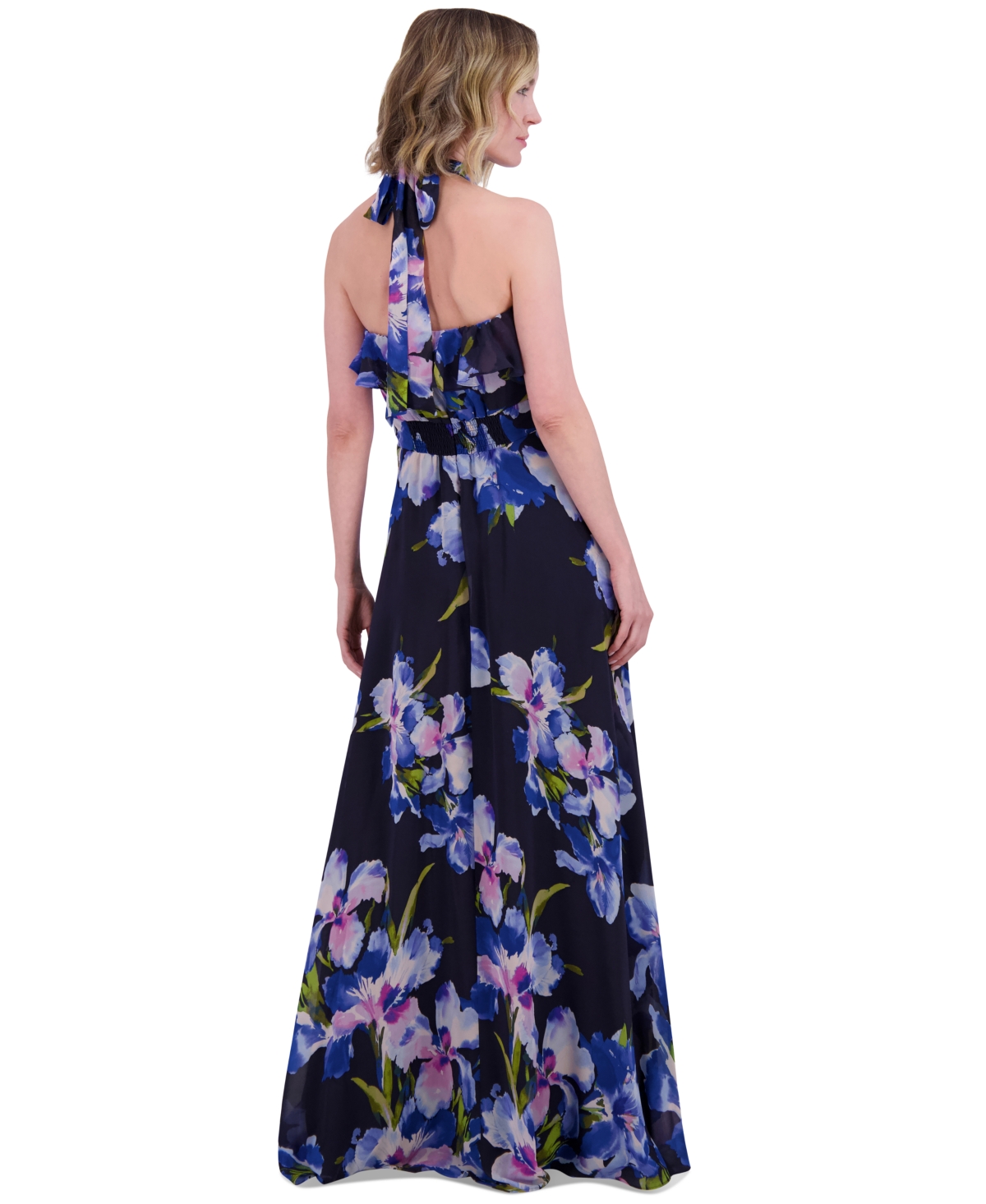 ELIZA J FLORAL CHIFFON RUFFLED HALTER MAXI DRESS 