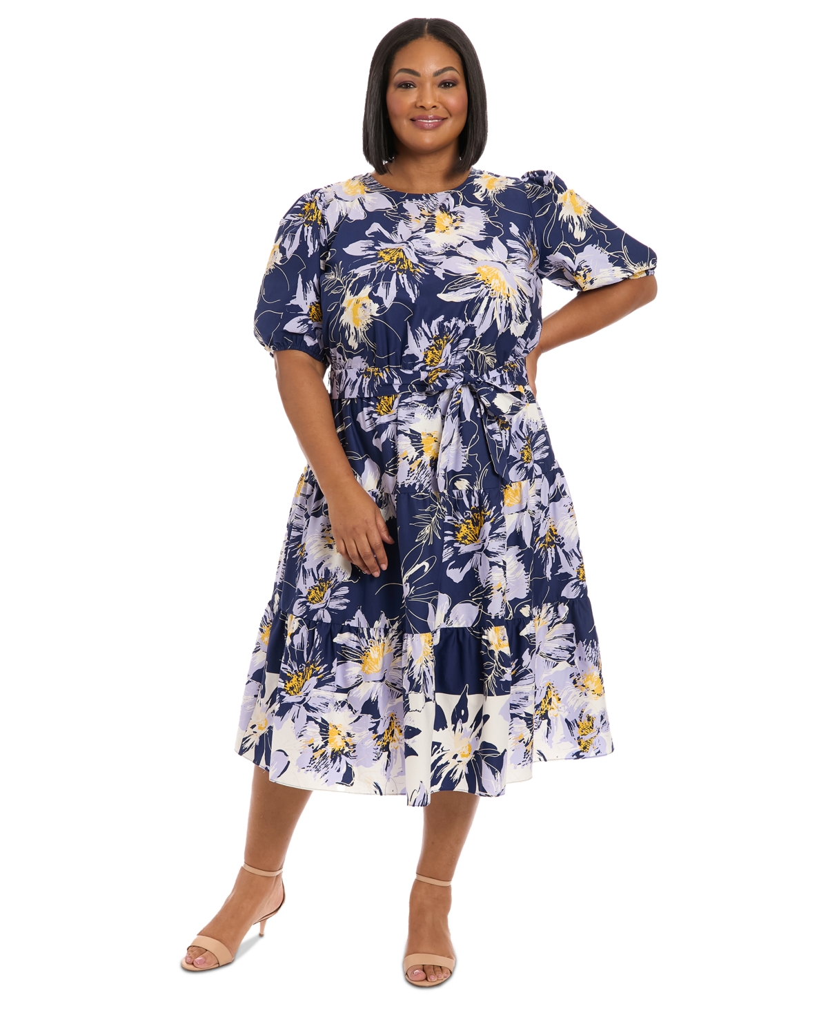 London Times Plus Size Printed Puff-sleeve Midi Dress In Navy Ivory