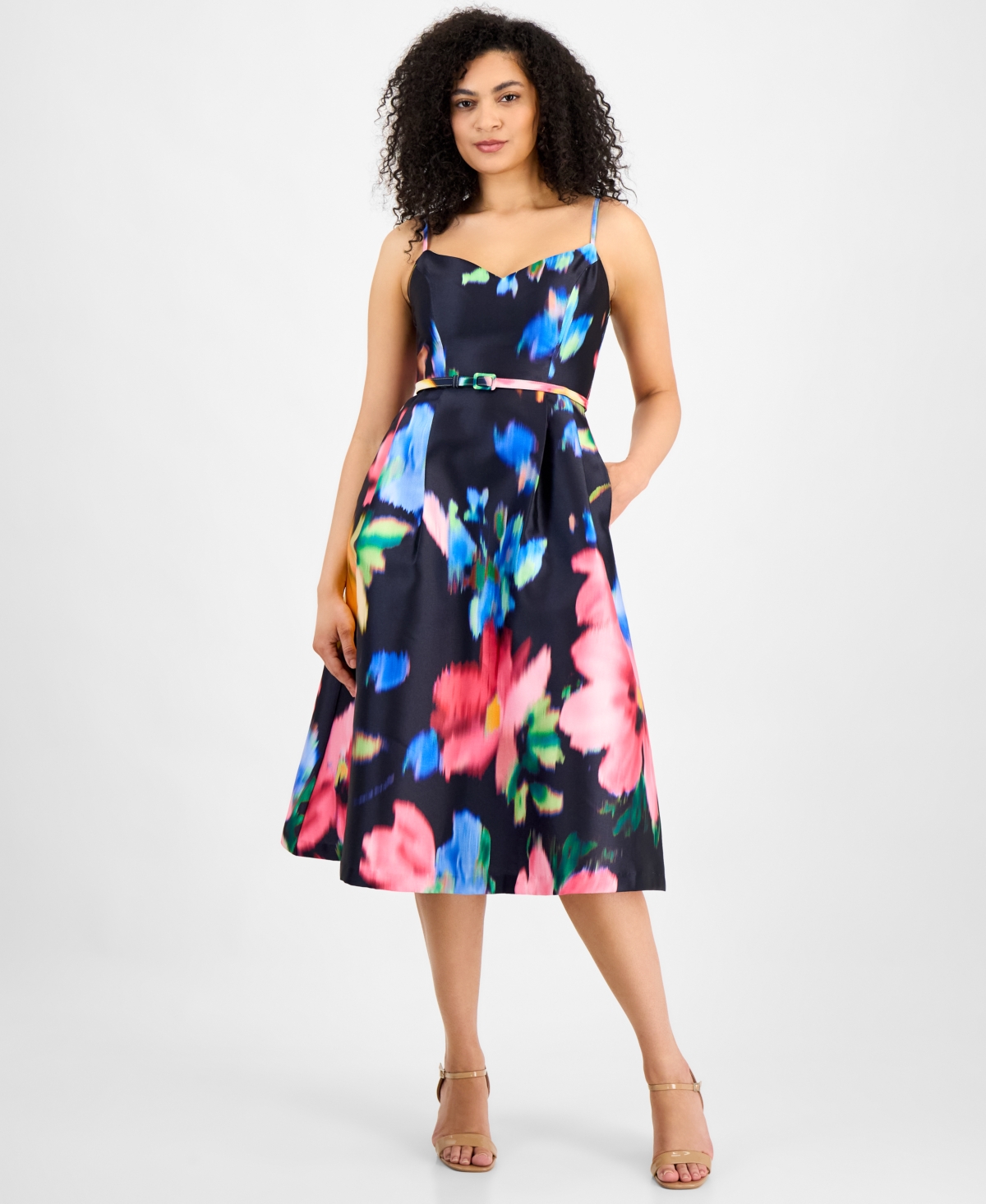 Women's Floral-Print Sweetheart Belted Dress - Navy Multi