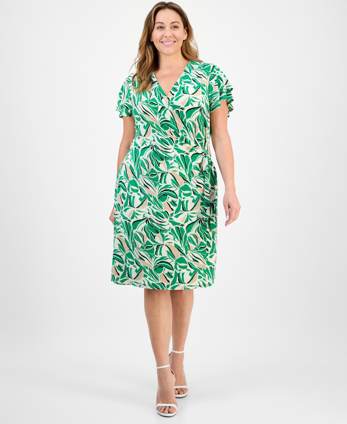 Anne Klein Abstract Print Flutter Sleeve Wrap Dress In White