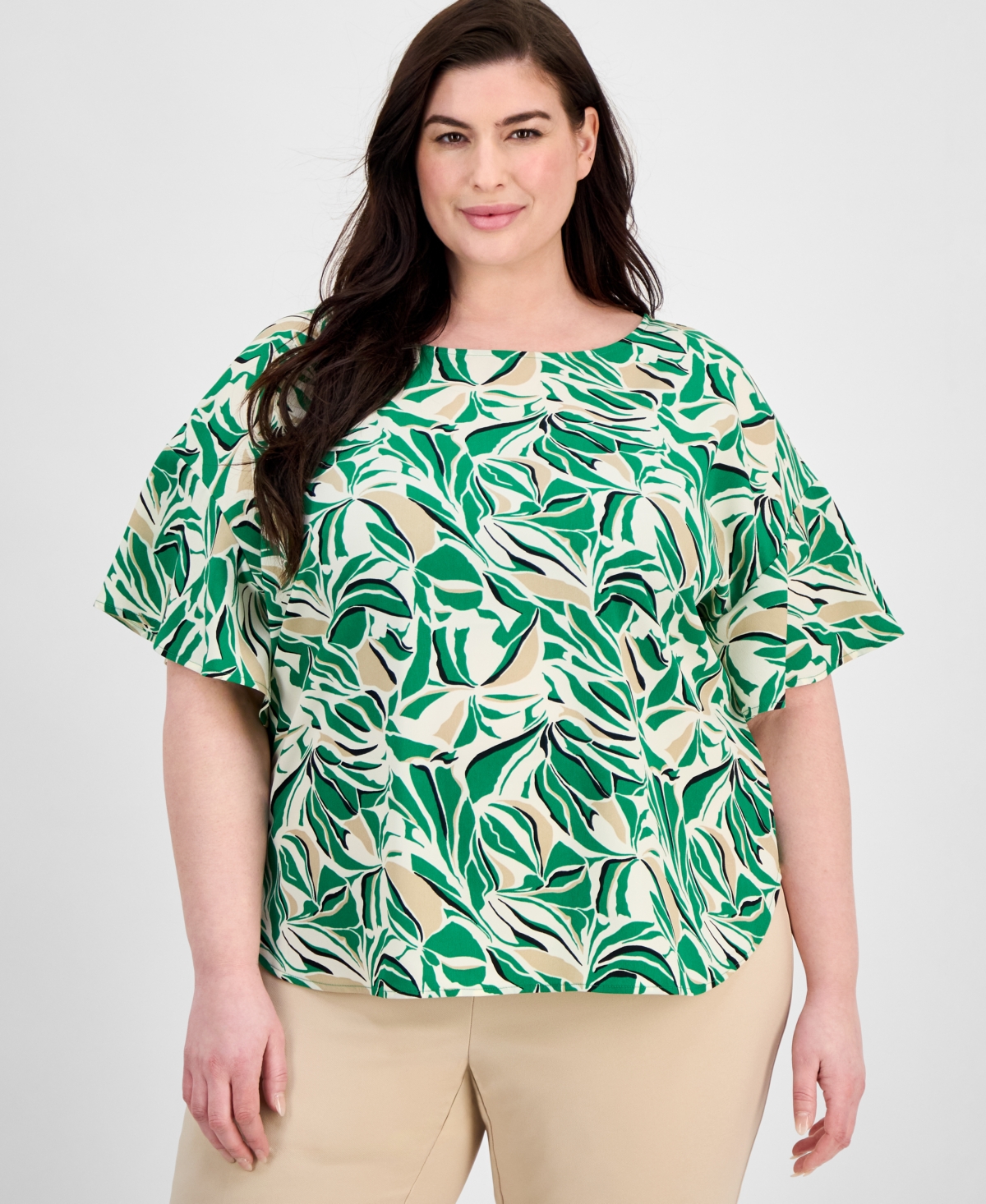 Anne Klein Plus Size Printed Flutter-sleeve Blouse