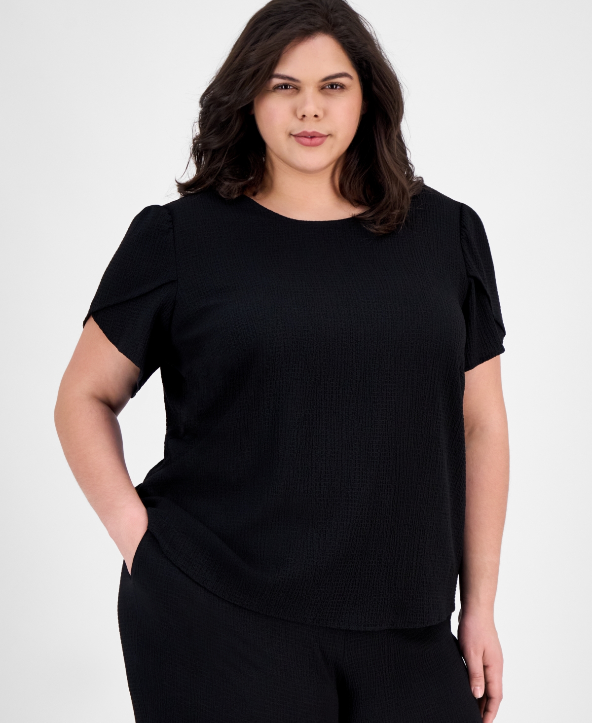 Plus Size Gathered Tulip-Sleeve Top - Santorini Blue