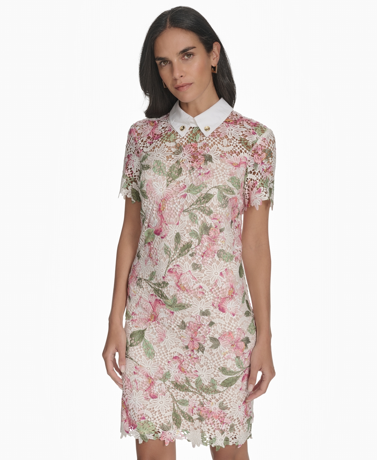 HALSTON WOMEN'S COLLARED FLORAL LACE SHIFT DRESS 