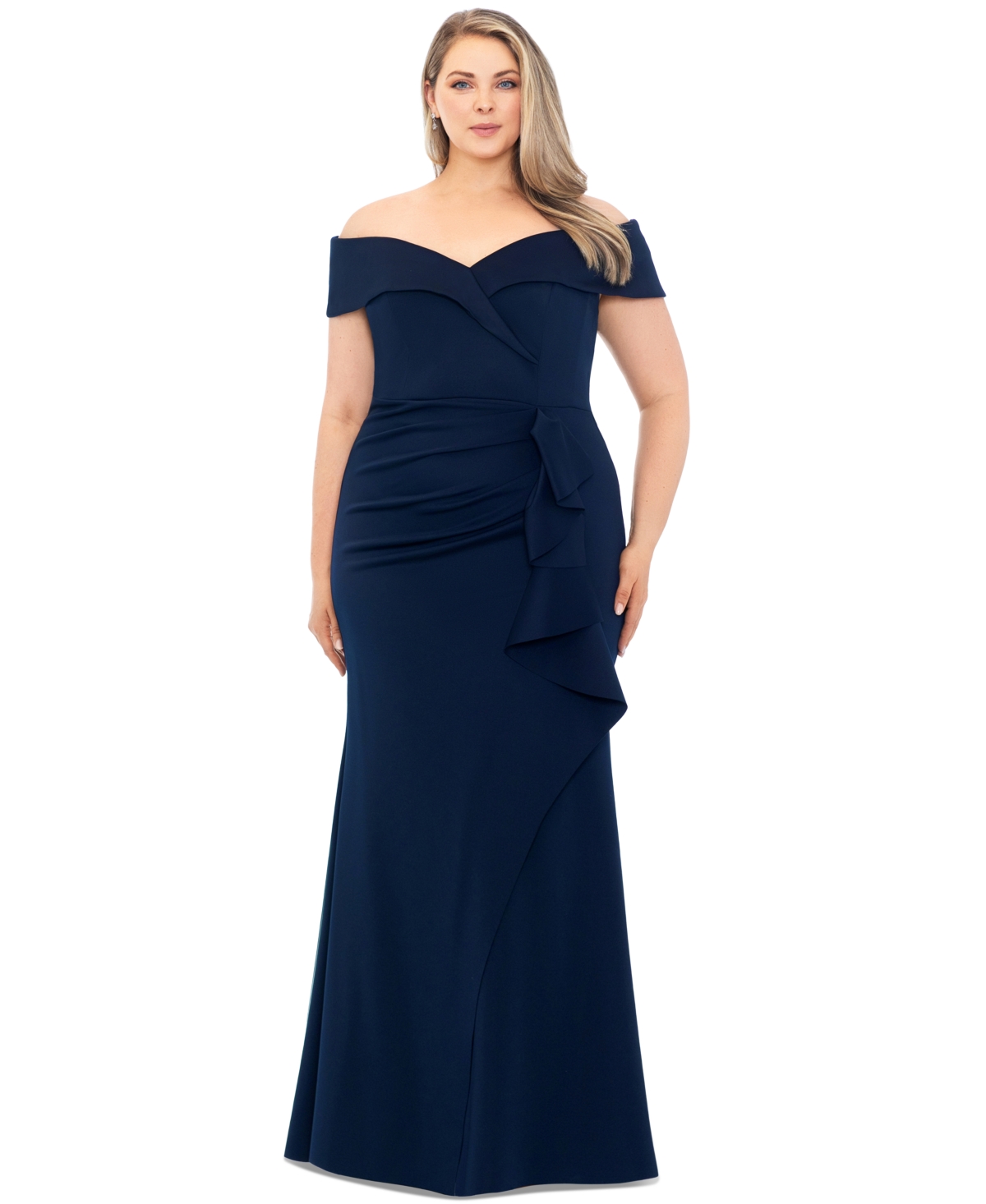 Xscape Ruffle Sleeve Off The Shoulder Scuba Crepe Sheath Gown In Midnight