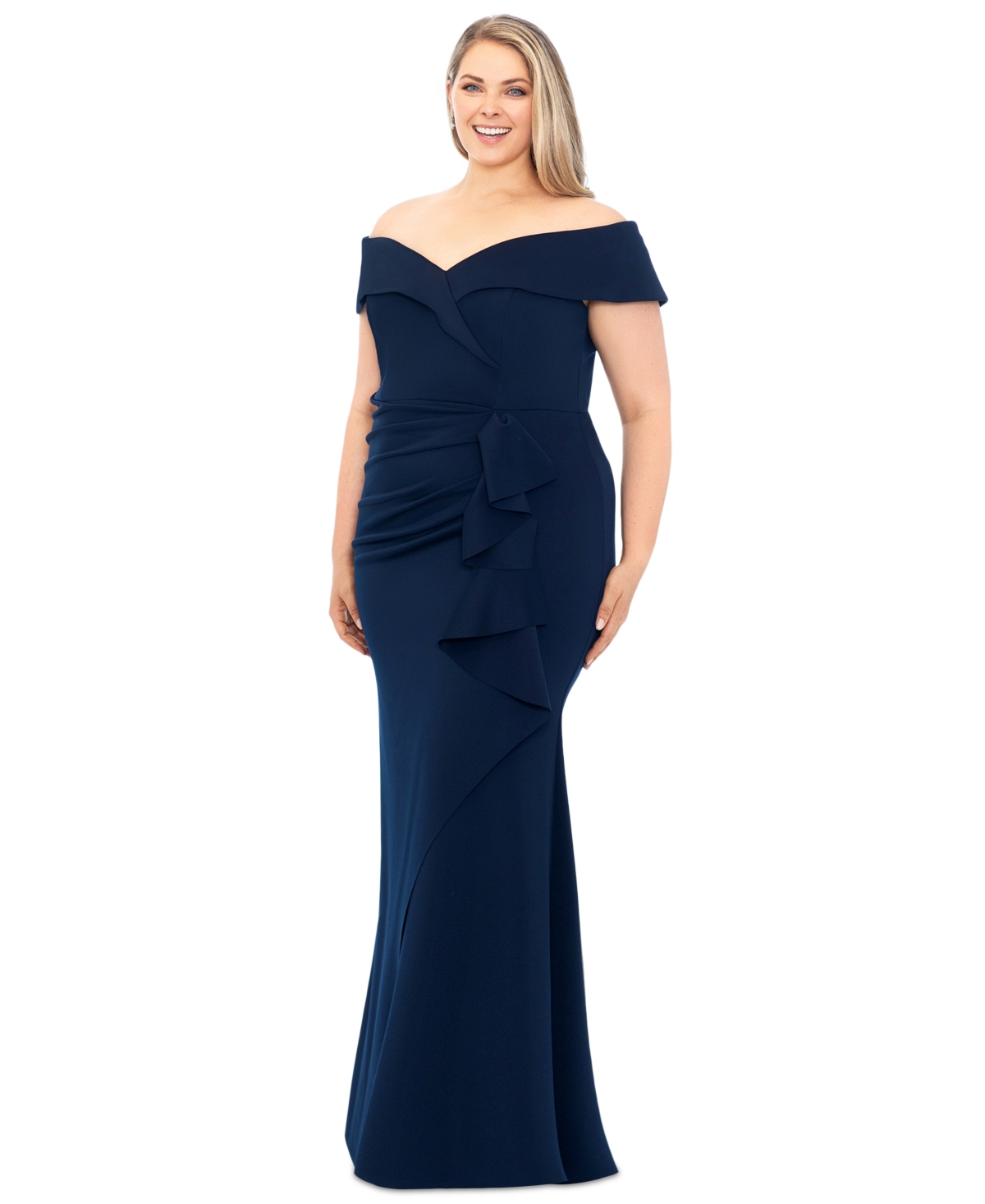 Xscape Ruffle Sleeve Off The Shoulder Scuba Crepe Sheath Gown In Midnight
