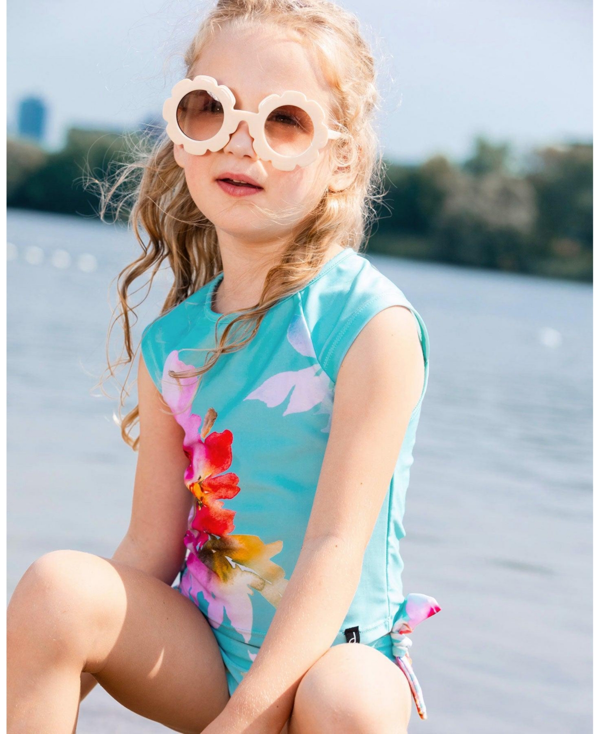 Deux par Deux Girls Printed Two-Piece Swimsuit Turquoise And Pink Flowers