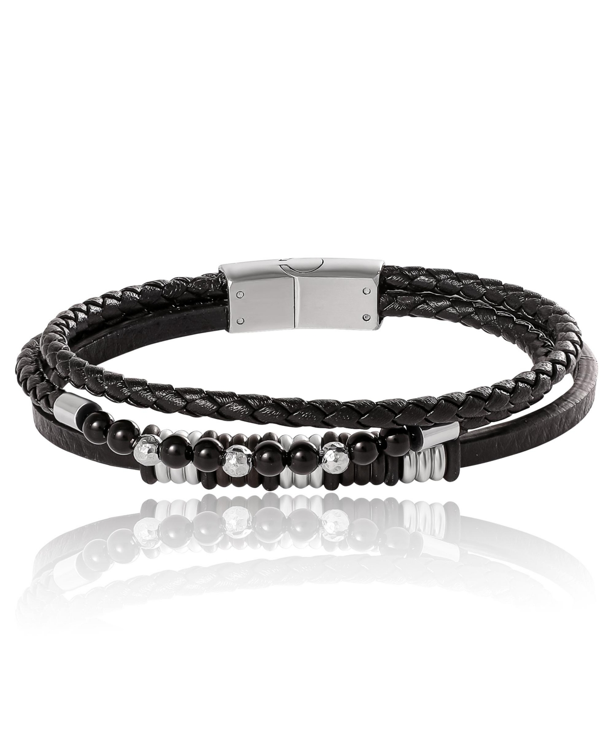 Stainless Steel Triple Row Black Cord Bracelet - 8.25" - Black