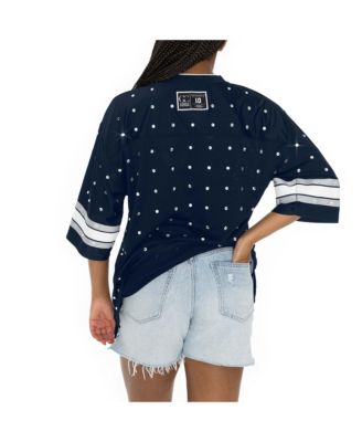 Women's College Navy Seattle Seahawks Kickoff Time Allover Rhinestone Sports Stripe Jersey V-Neck T-Shirt