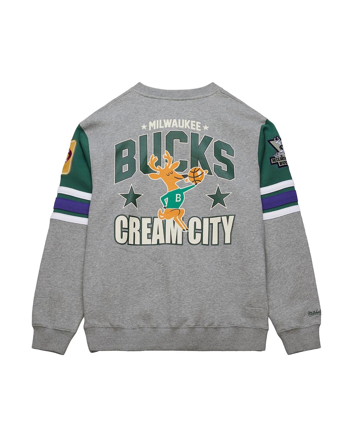 Mitchell & Ness Men's Heather Gray Milwaukee Bucks Hardwood Classics All Over 4.0 Pullover Sweatshirt In Heather Gray