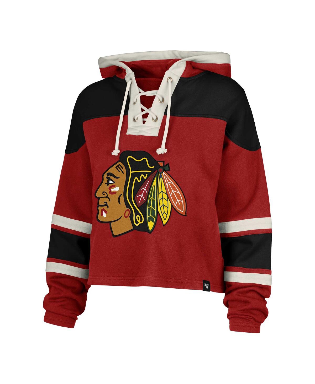 47 BRAND WOMEN'S CONNOR BEDARD RED CHICAGO BLACKHAWKS SUPERIOR LACER CROPPED PULLOVER HOODIE 
