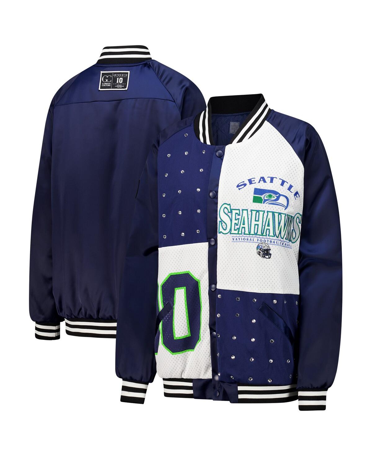 Women's College Navy/White Seattle Seahawks Oversized Hot Shot Rhinestone Throwback Full-Snap Varsity Bomber Jacket - College Navy, Wh