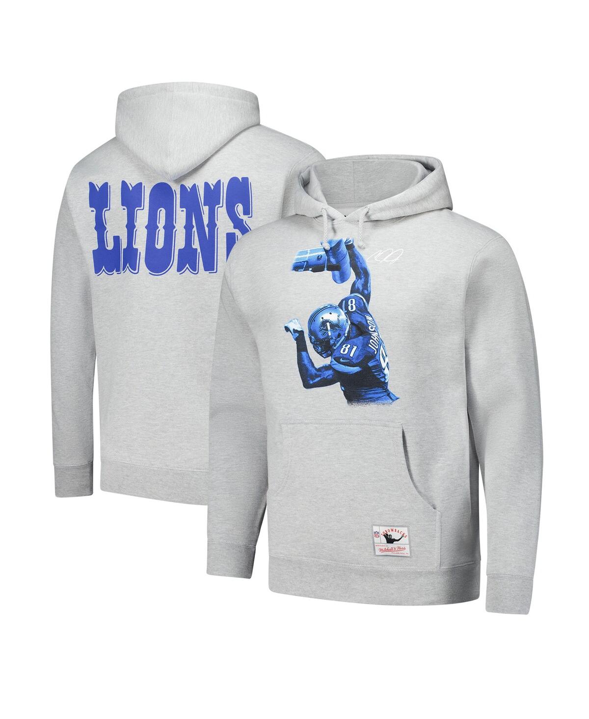 Mitchell & Ness Men's Heather Gray Calvin Johnson Detroit Lions Hall Of Fame Player Graphic Pullover Hoodie In Heather Gray