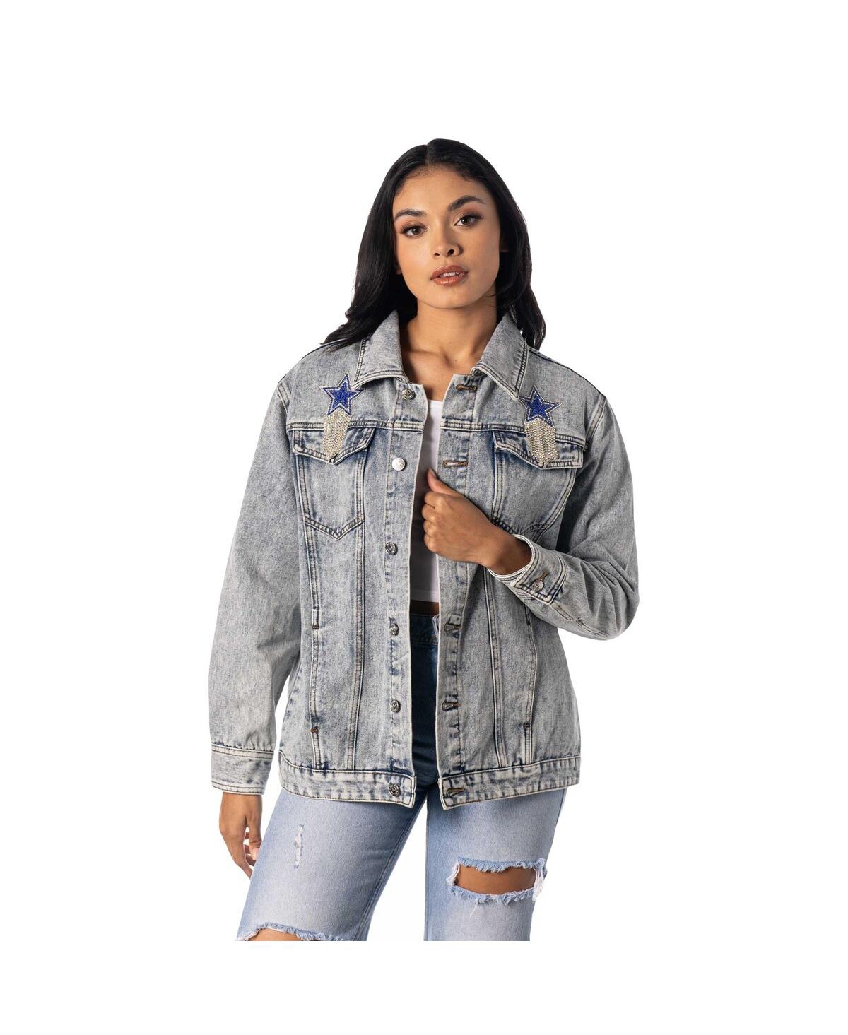 Women's Dallas Cowboys Rhinestone Denim Sequin Fringe Button-Up Jacket - Denim