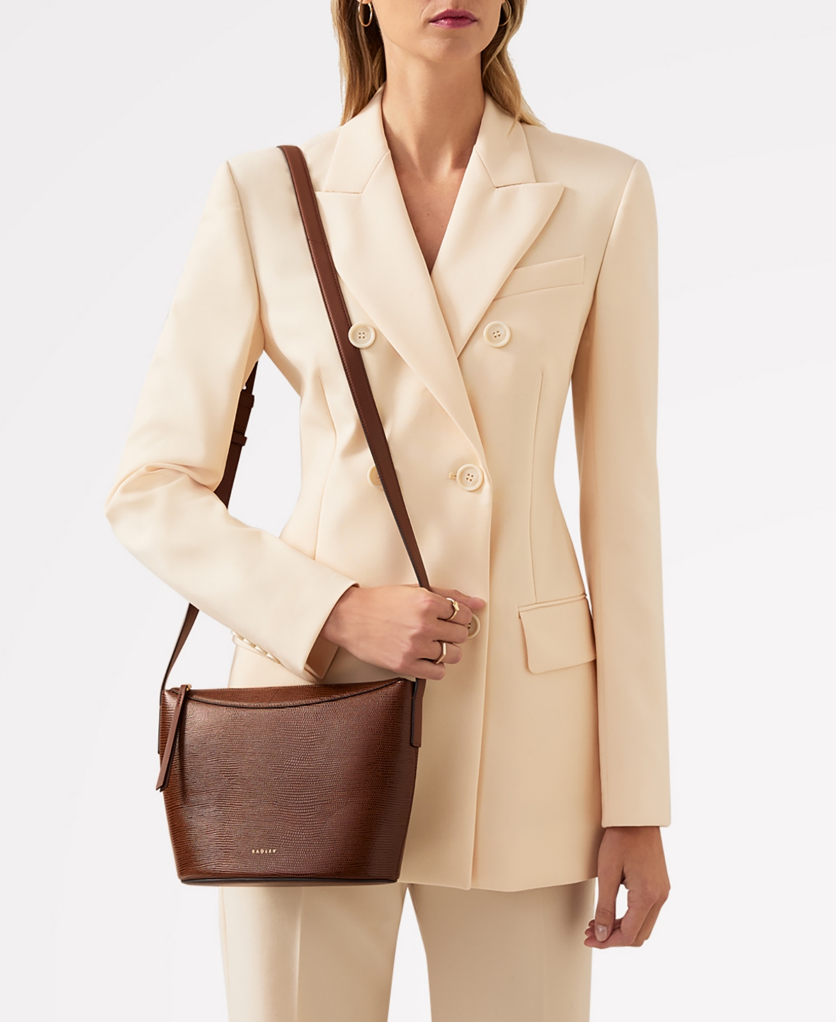 Kensal Faux Lizard Zip Top Crossbody Bag - Saddle