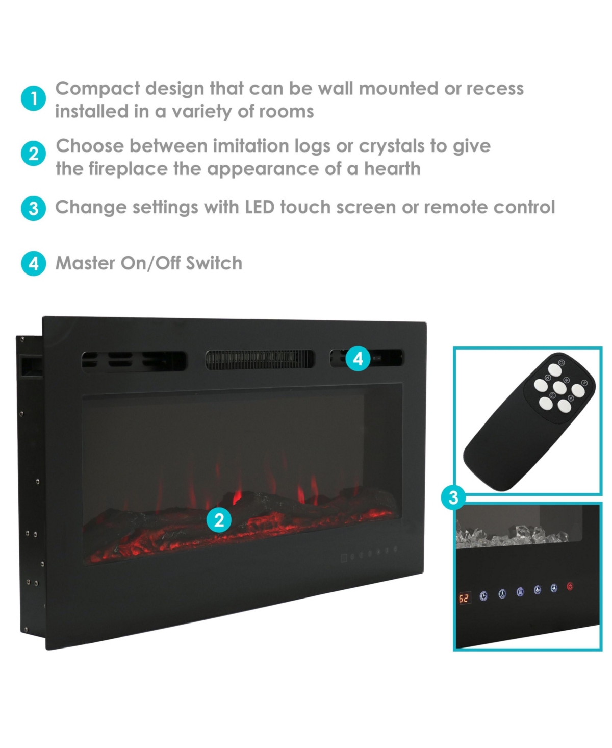 Modern Flame Wall-Mounted or Recessed Indoor Electric Fireplace with Led Lights