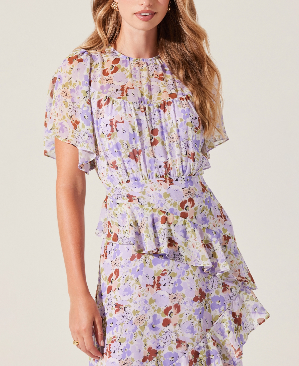 Astr The Label Floramae Floral Ruffle Detail Short Sleeve Midi Dress In Lavender Floral