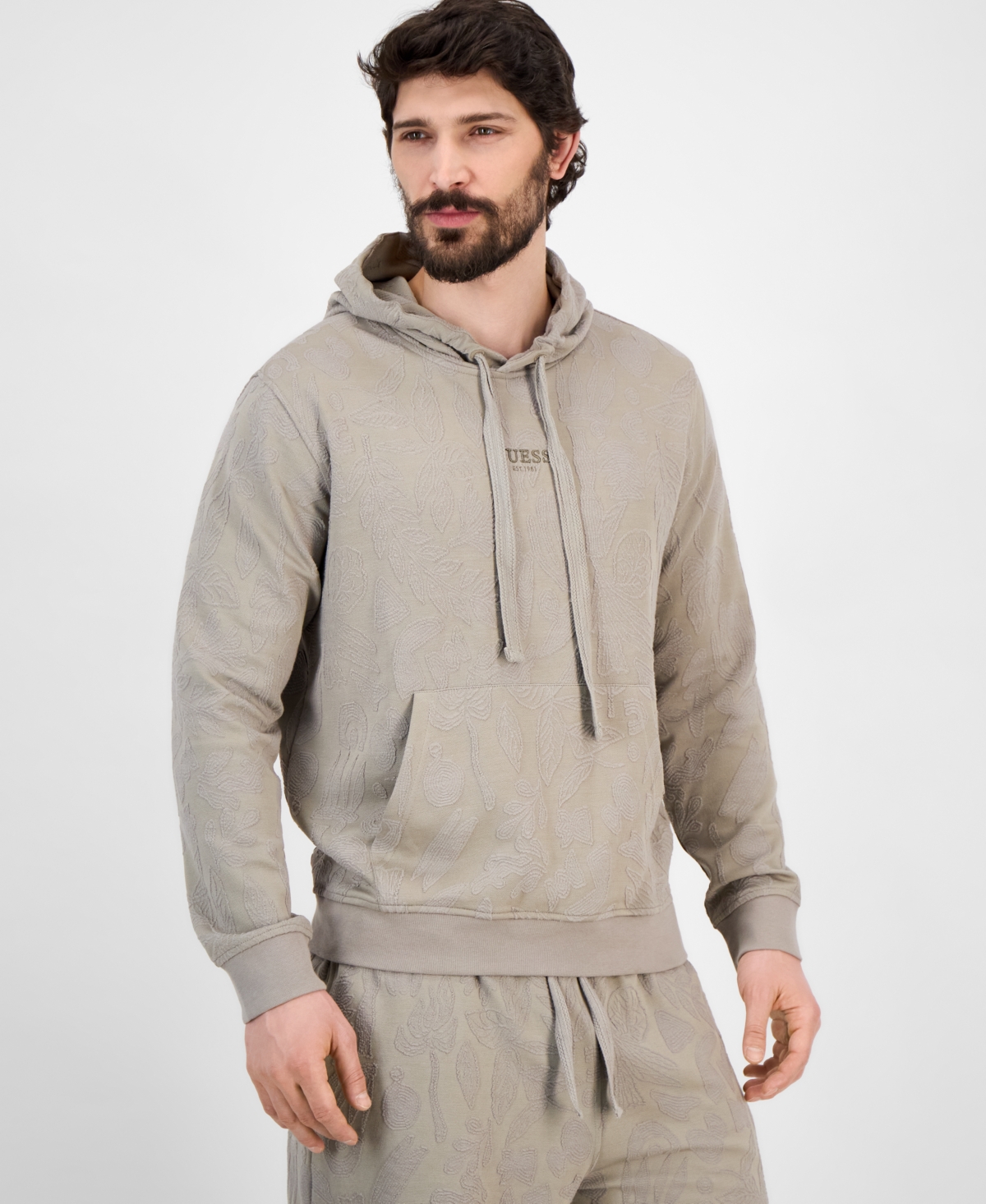 Men's Regular-Fit Textured Botanical Jacquard Hoodie - Traditional Khaki Primitive Jacquard