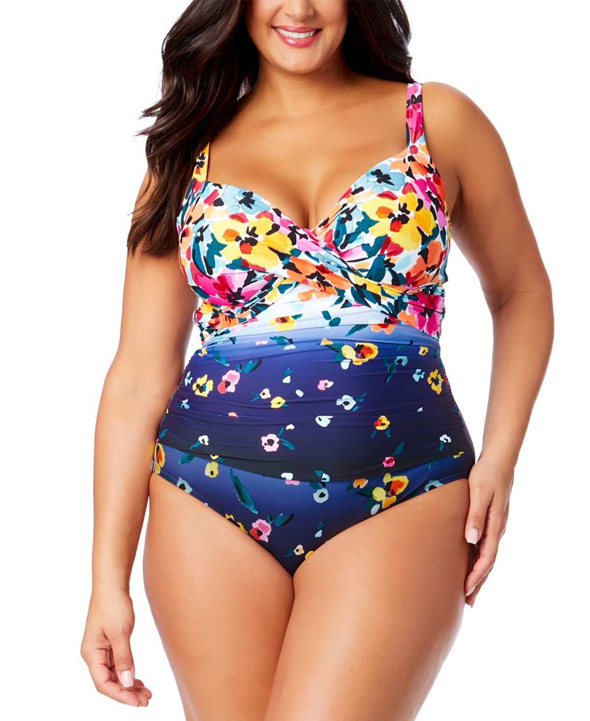 Anne Cole Plus Size Floral-Print Draped-Front Underwire One-Piece Swimsuit - Multi