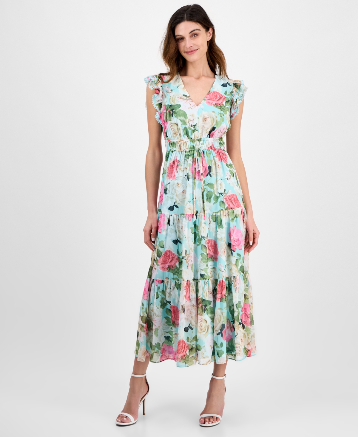 Anne Klein Floral Ruffle Drawstring Waist Dress In Eggshell Blue Multi