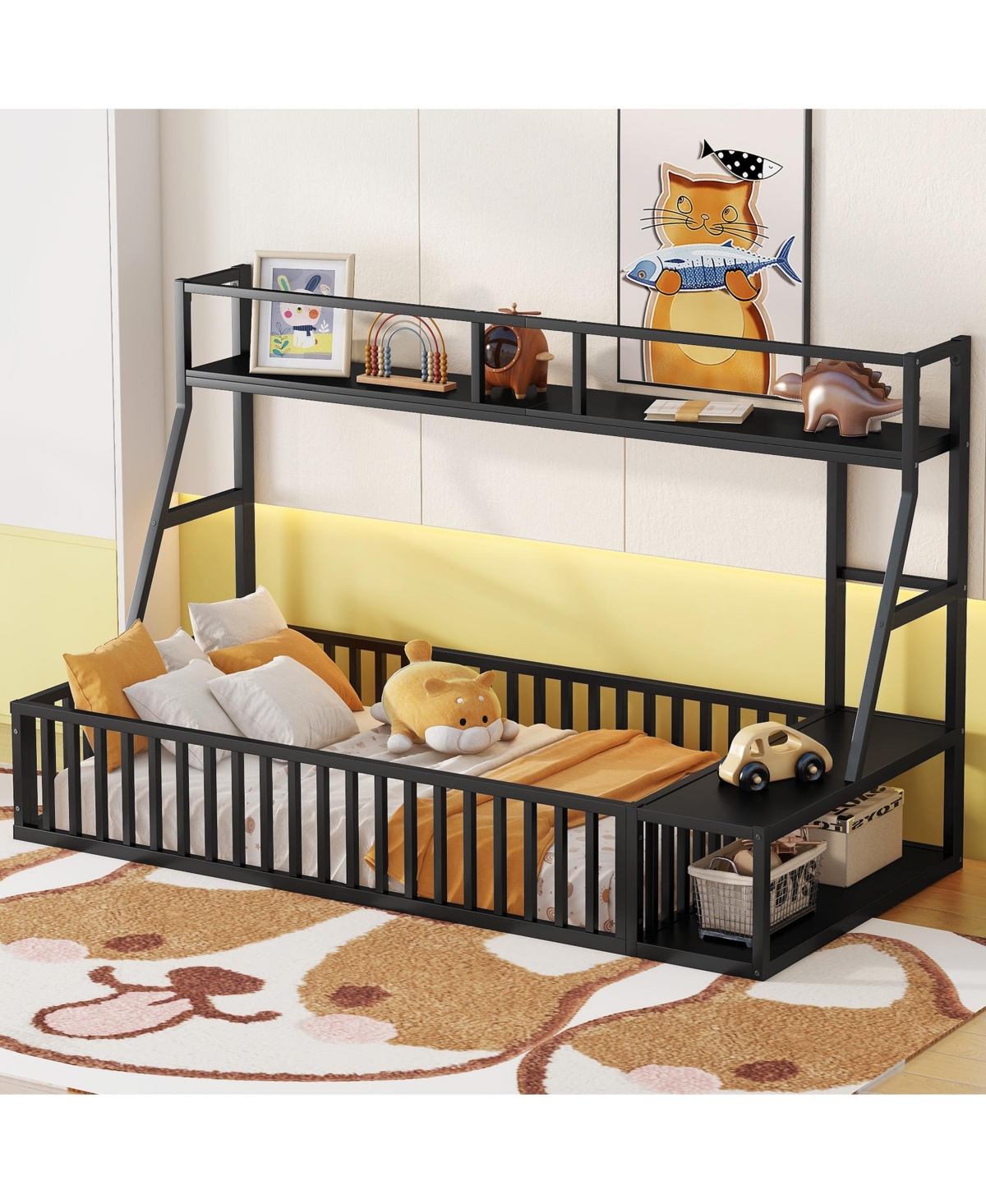 Metal Floor Bed with Desk and Storage Shelves