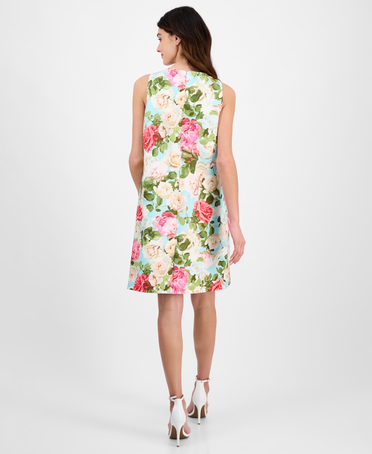 Anne Klein Floral Print Sleeveless Shift Dress In Eggshell Blue Multi