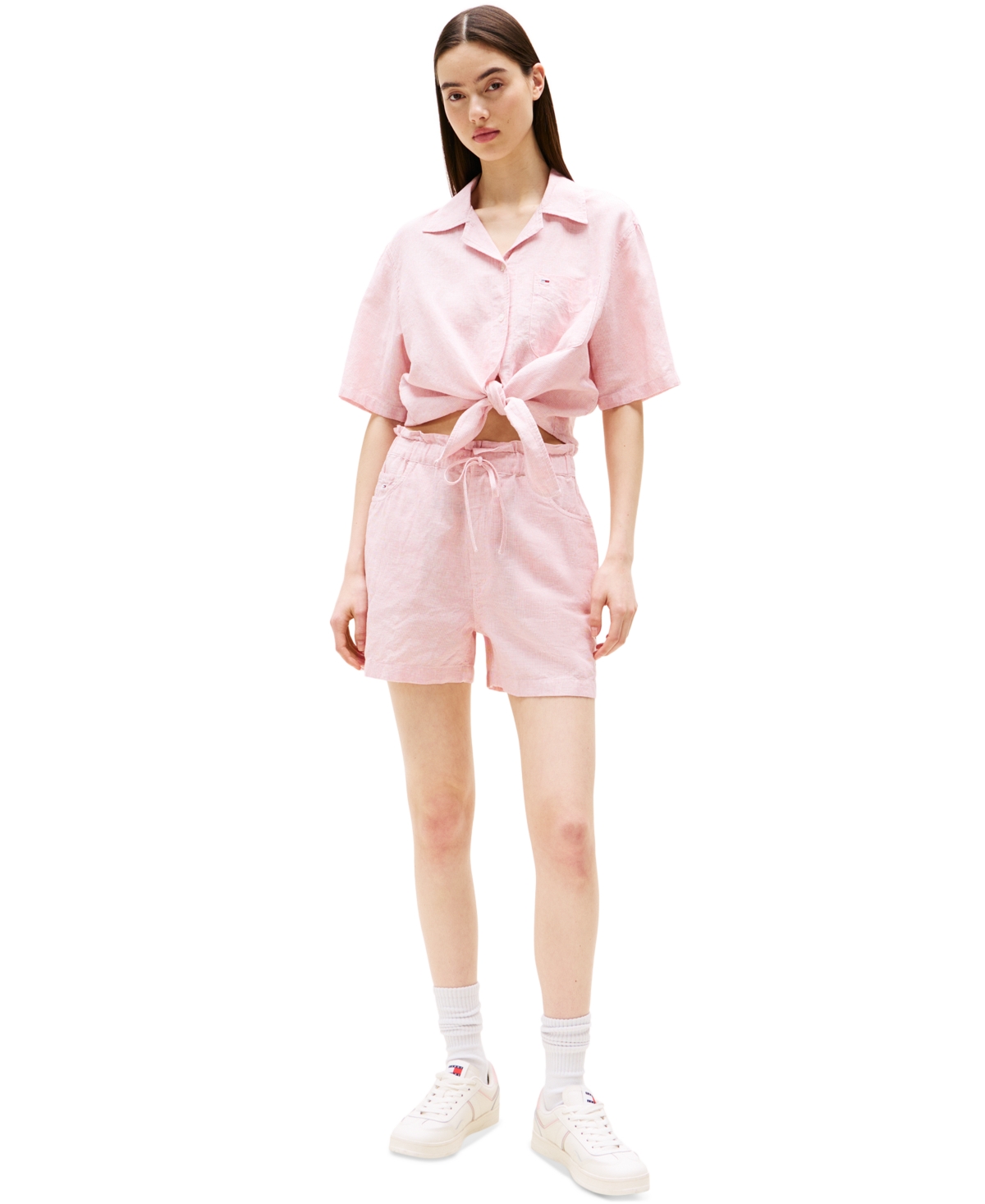 Tommy Jeans Womens Cotton Linen Short Sleeve Shirt Cotton Linen Drawstring Shorts In Precious Pink,stripe