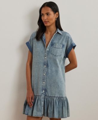 white christmas dresses Lauren Ralph Lauren Women's Belted Denim Cap-Sleeve Dress Denim Blue main image 1