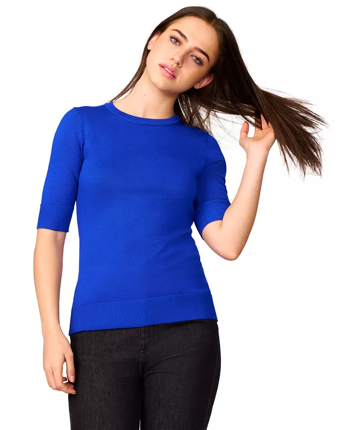Women's Crew-Neck Elbow-Sleeve Fine-Gauge Sweater