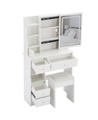 50.40"Small Size Left Drawer Desktop Vanity Table + Cushioned Stool, 2 AC+2 USB Power Station, Hair dryer bracket,White