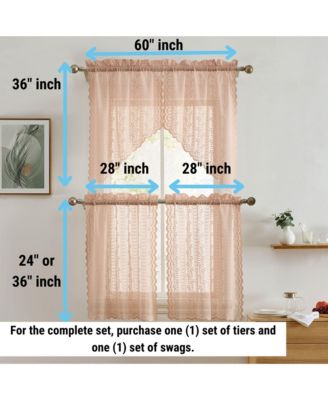 Sophia Floral Rod Pocket Lace Semi Sheer Voile Short Cafe Tiers for Small Windows - 28 x 36 Inch Length (Blush Pink Tiers, Set of 2)