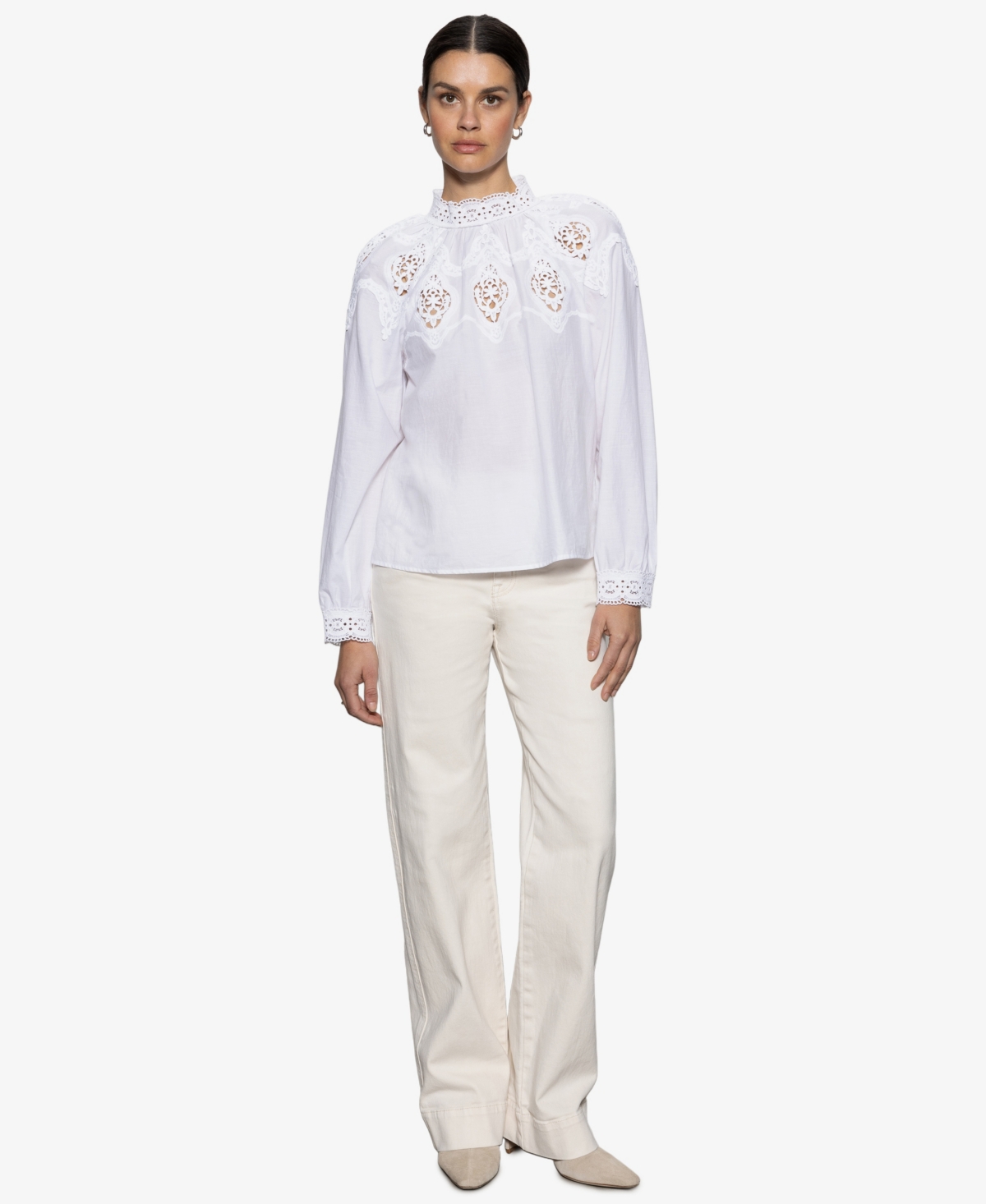 Women's Cotton Lace-Trim Popover Blouse - White