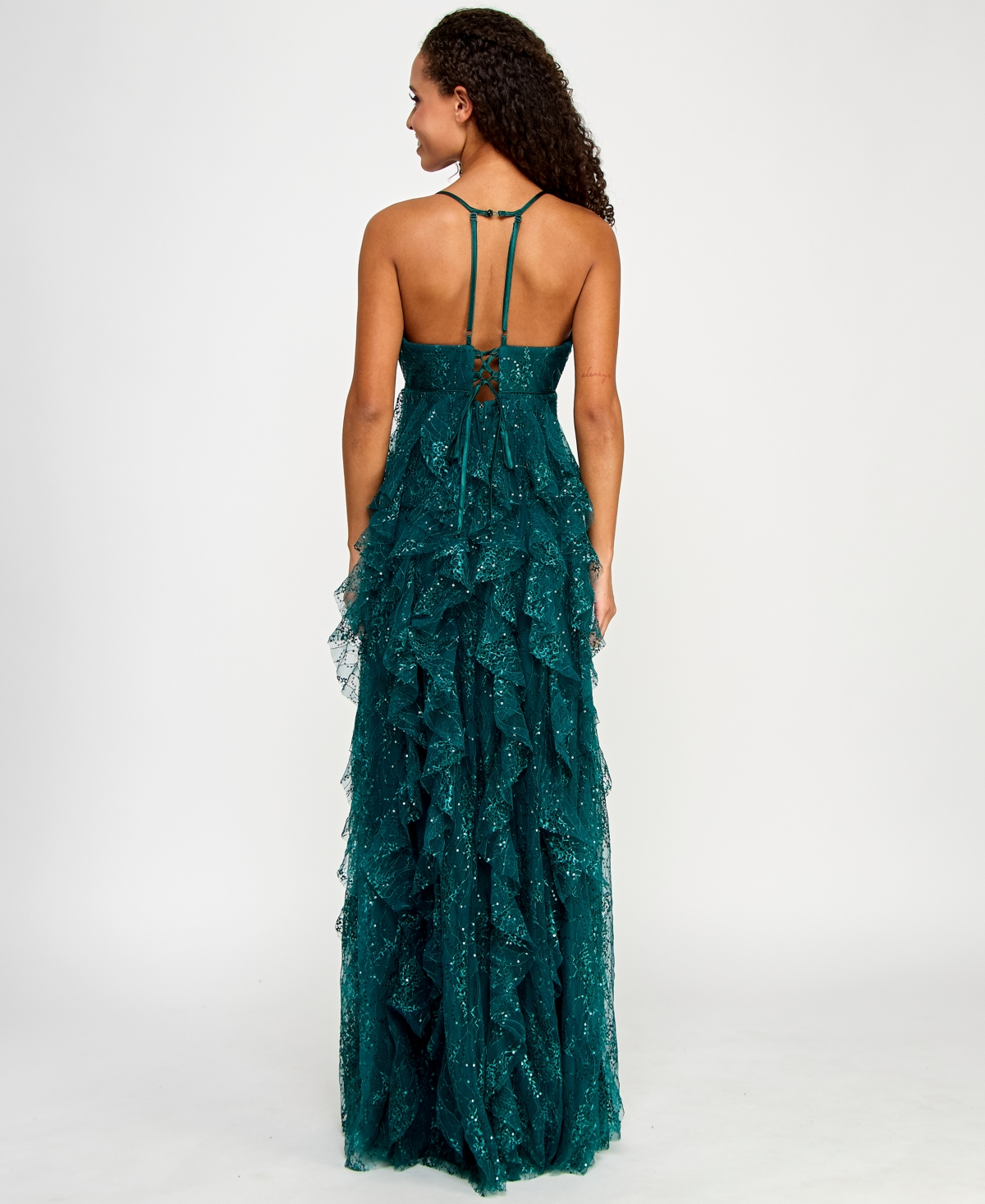 Pear Culture Juniors' Sequin Lace Ruffled Ball Gown In Emerald