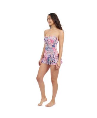 Women's Karma Sweetheart Bandeau Swimdress One Piece Longer Skirt Soft Cups Tummy Control Adjustable Removeable Straps