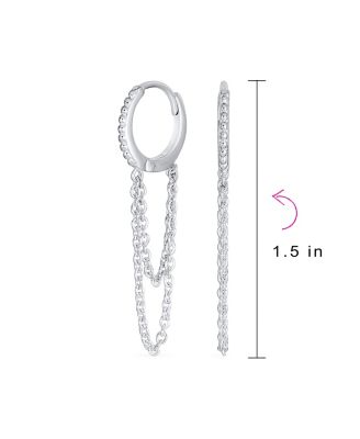 Trendy Dainty CZ Hoop Earrings with Pave Accent and Double Chain in Sterling Silver